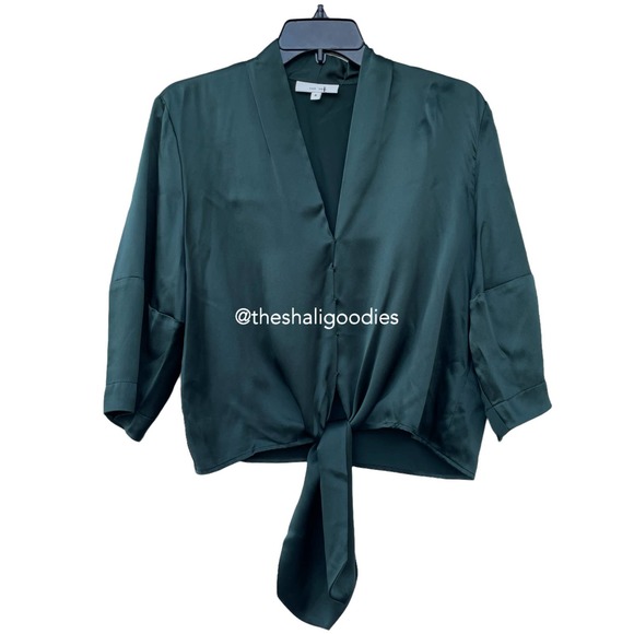 THE SEI Tie Front Silk Blouse Green Top - Picture 4 of 7